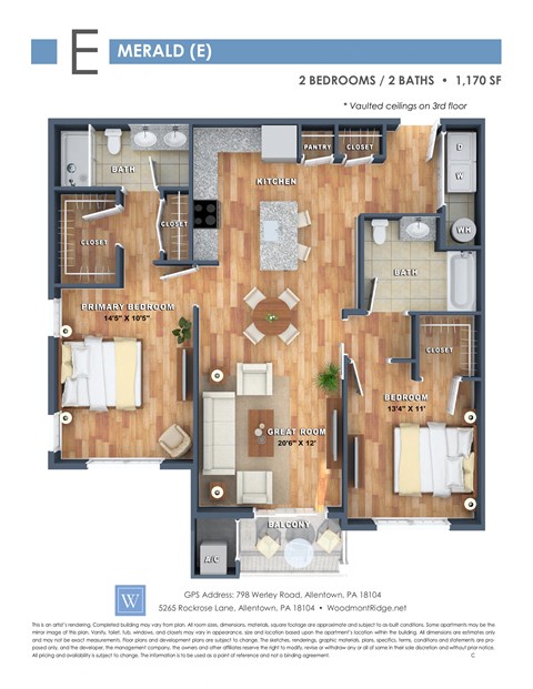 Floor plan for 2 beds, 2 baths, 1170 sqft